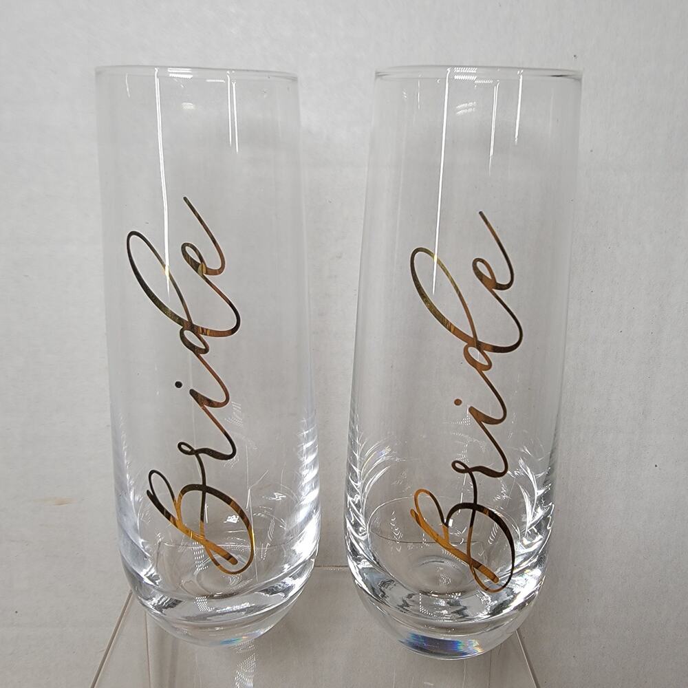 Unbranded Stemless Bride & Bride Champagne Flutes in Gold Script w/ Box - NEW